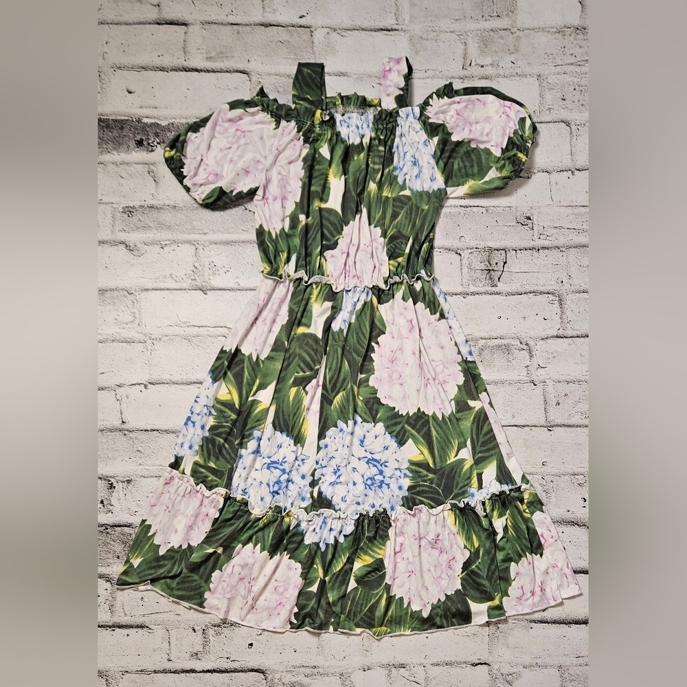 HQ Fashion Green Floral Hydrangea Dress Puff Sleeve Ruffle Hem L - Picture 4 of 12